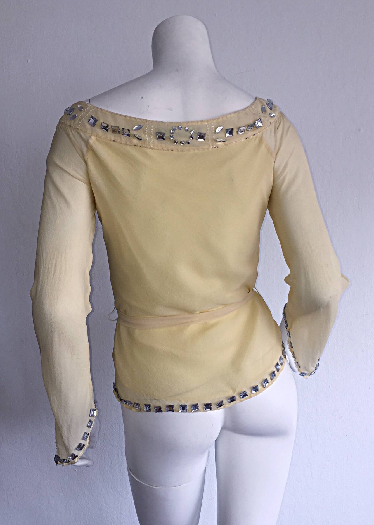 1990s Vintage Chloe by Karl Lagerfeld Yellow Chiffon Angel Blouse w/ Rhinestones In Excellent Condition For Sale In San Diego, CA