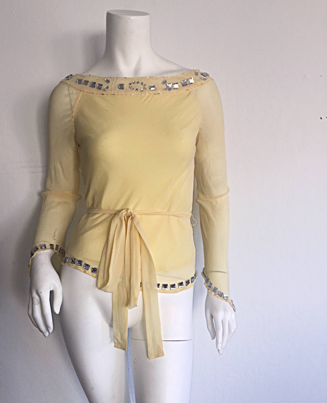 Women's 1990s Vintage Chloe by Karl Lagerfeld Yellow Chiffon Angel Blouse w/ Rhinestones For Sale