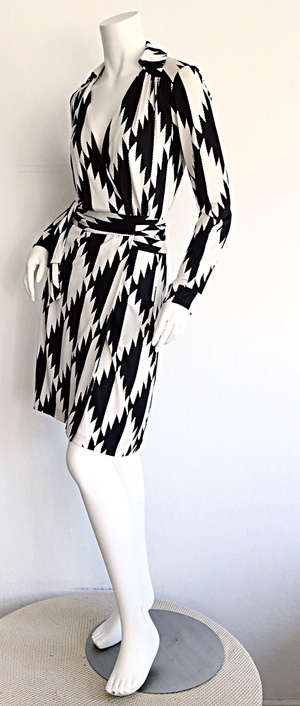 Women's 1990s Diane Von Furstenberg Black + White Geometric Aztec Silk Wrap Dress DVF