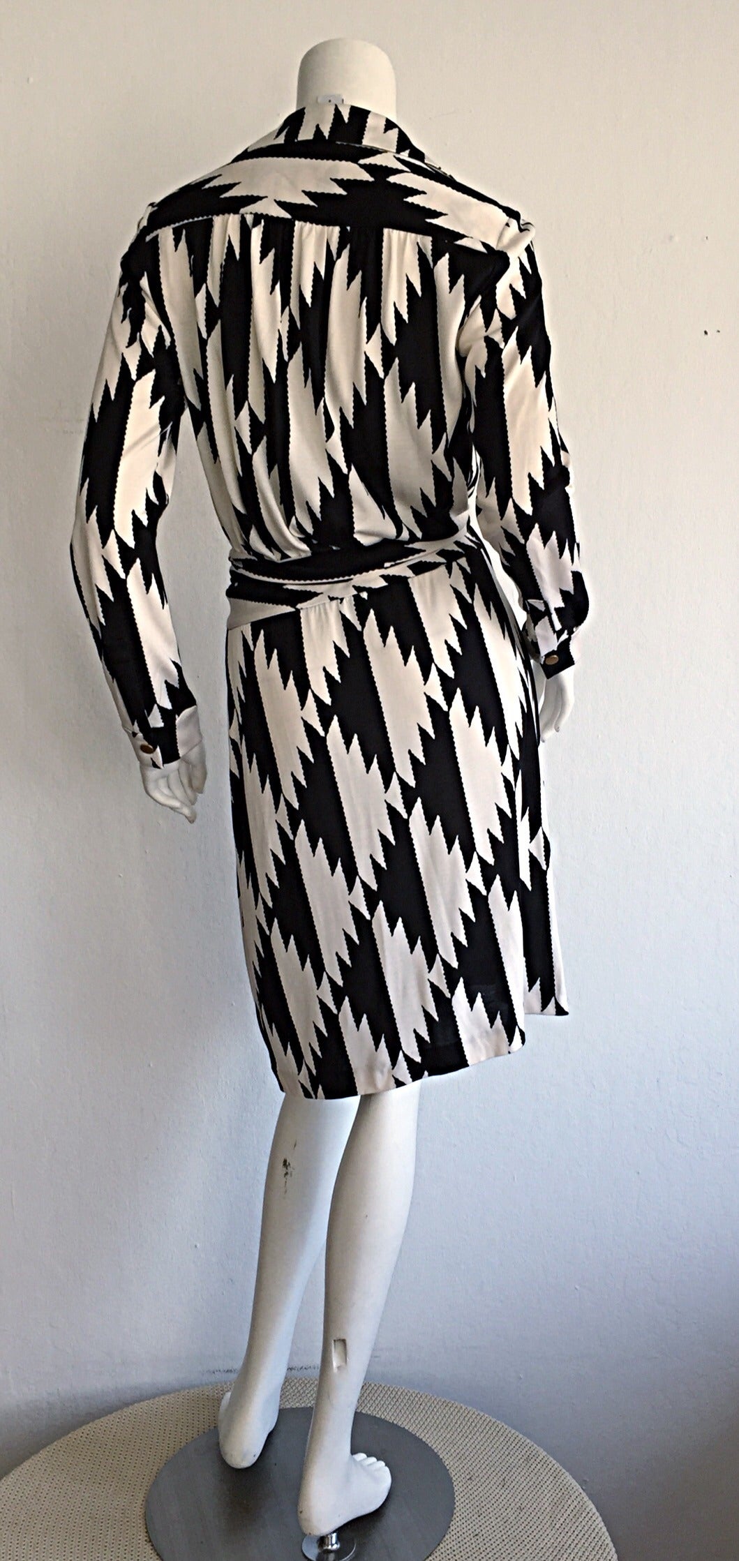 1990s Diane Von Furstenberg Black + White Geometric Aztec Silk Wrap Dress DVF 1