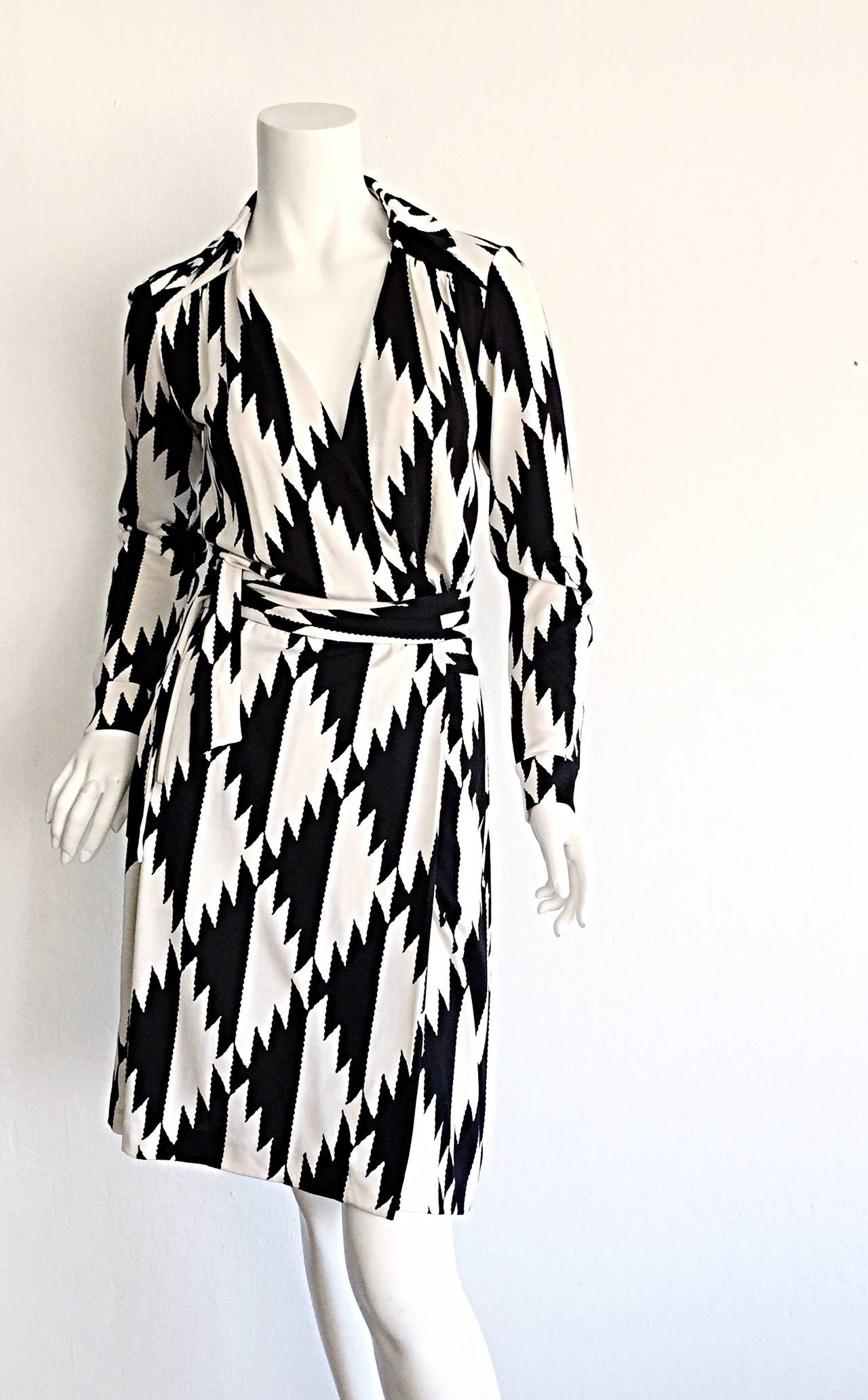 1990s Diane Von Furstenberg Black + White Geometric Aztec Silk Wrap Dress DVF 2