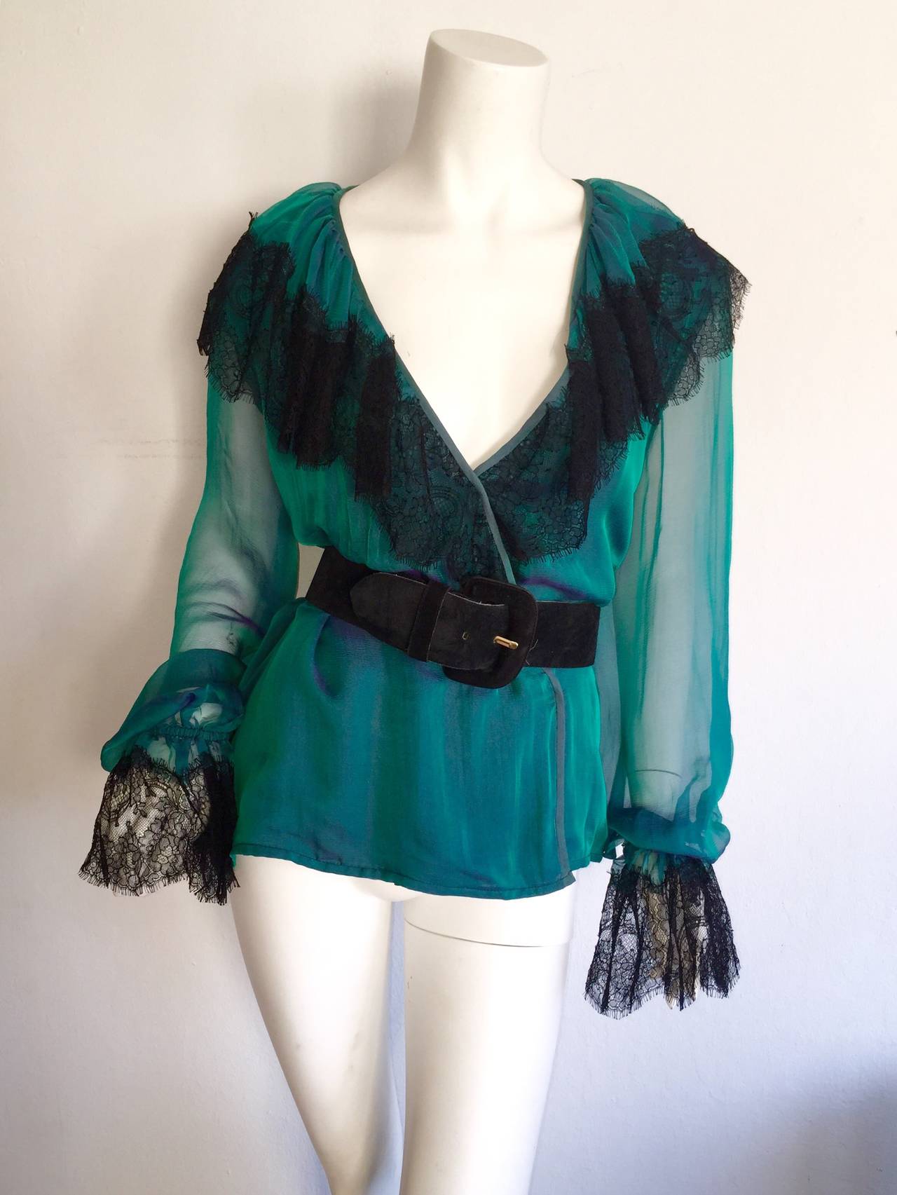 Beautiful Vintage Liancarlo / Neiman Marcus Silk Victorian Poet's Blouse + Lace In Excellent Condition In San Diego, CA