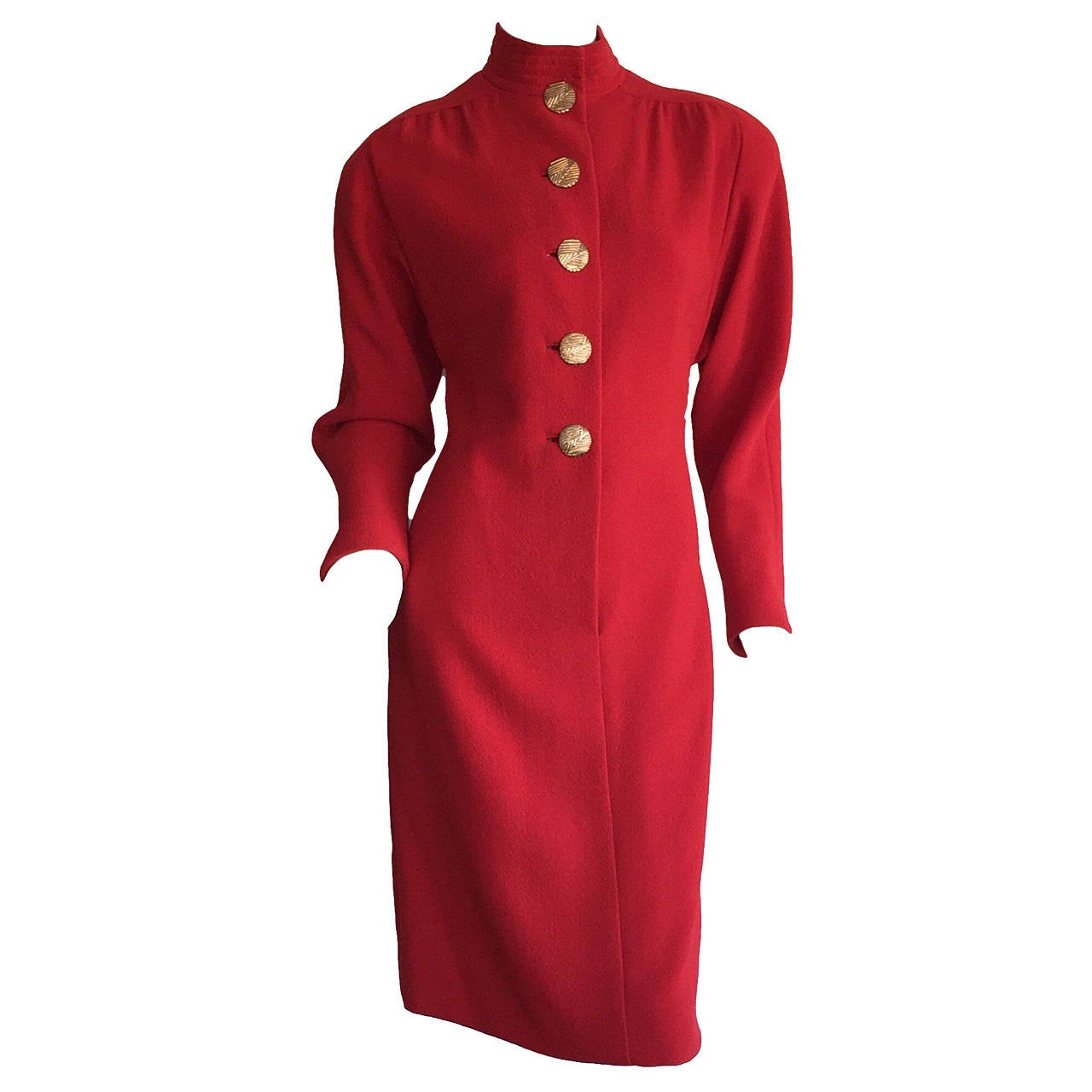 Beautiful Vintage James Galanos Lipstick Red Dress, w/ Gold Buttons
