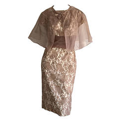 Incredible 1950s French Lace Bombshell Chantilly Lace Wiggle Dress + Cape