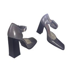 Rare 1990s Vintage Miu Miu ' Architectural ' Gunmetal Block Heels / Shoes 36.5