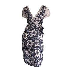 Max Mara Gray + White Flower Print Faux Wrap Dress w/ Pockets 5