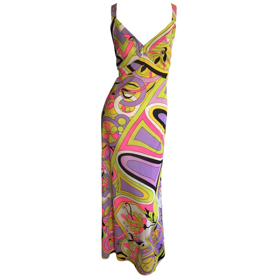 Amazing 1970s Vintage Leonora Psychedelic Colorful Wrap Maxi Dress