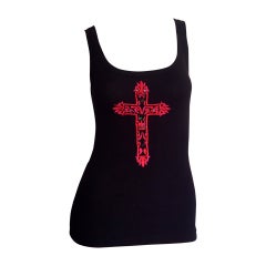 Canotta vintage anni '90 in cotone nero Blumarine + motivo croce gioiello rosa