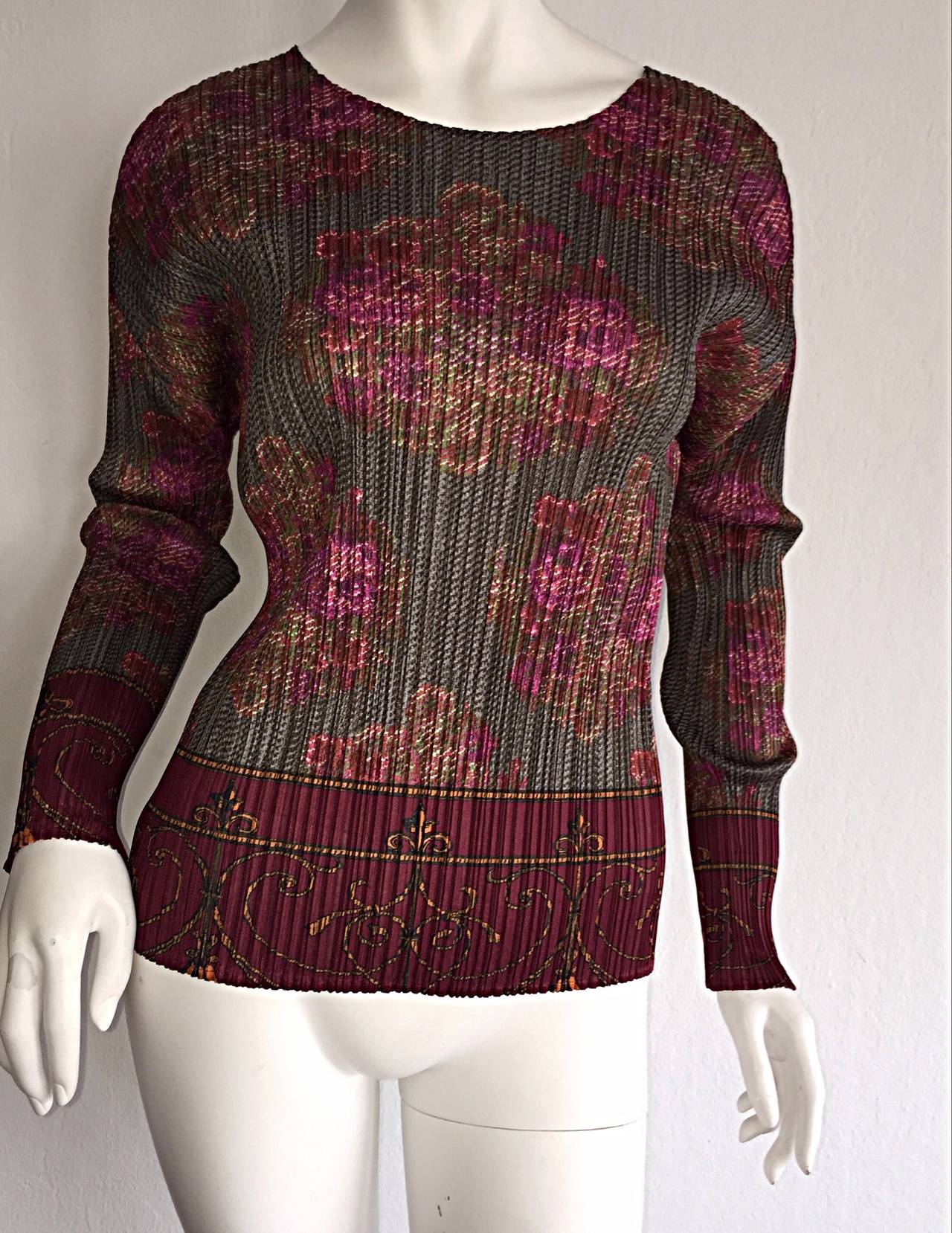 Rare Vintage Issey Miyake Pleats Please ' Regal ' Romantic Floral Signature Top In Excellent Condition In San Diego, CA