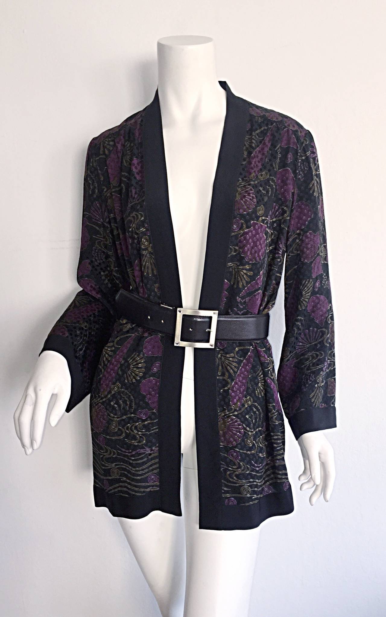 Women's Vintage Janice Wainwright Fan Print Silk Kimono Smoking Jacket Blouse