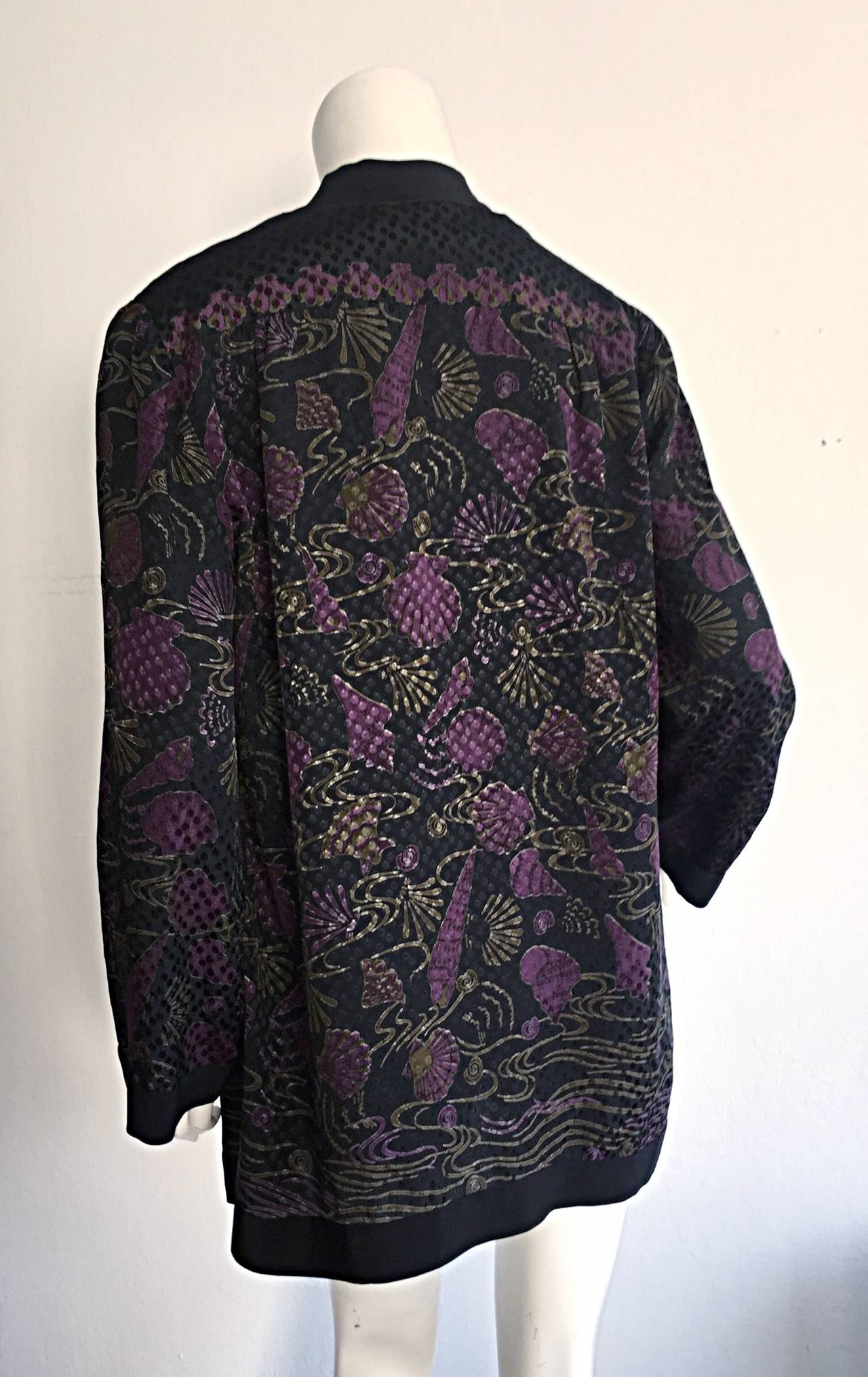 Vintage Janice Wainwright Fan Print Silk Kimono Smoking Jacket Blouse 2