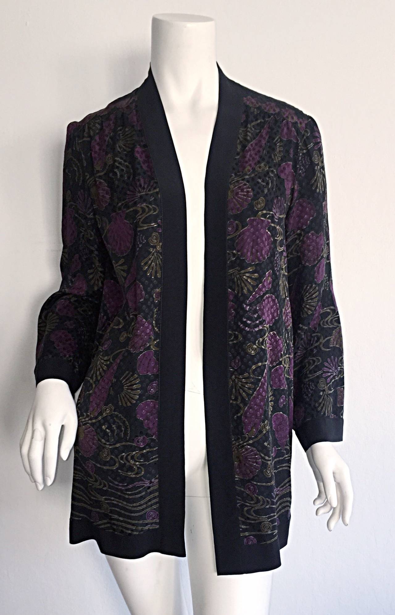 Vintage Janice Wainwright Fan Print Silk Kimono Smoking Jacket Blouse 4