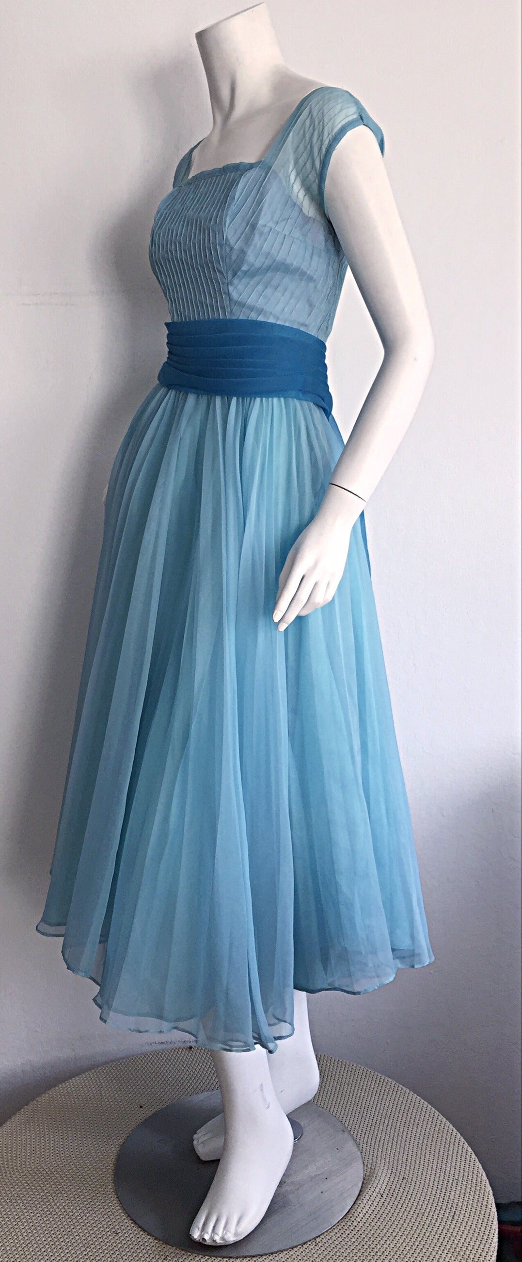 Women's 1950s Fred Perlberg Beautiful Blue Dress + Incredible Full Skirt w/ Origami Back