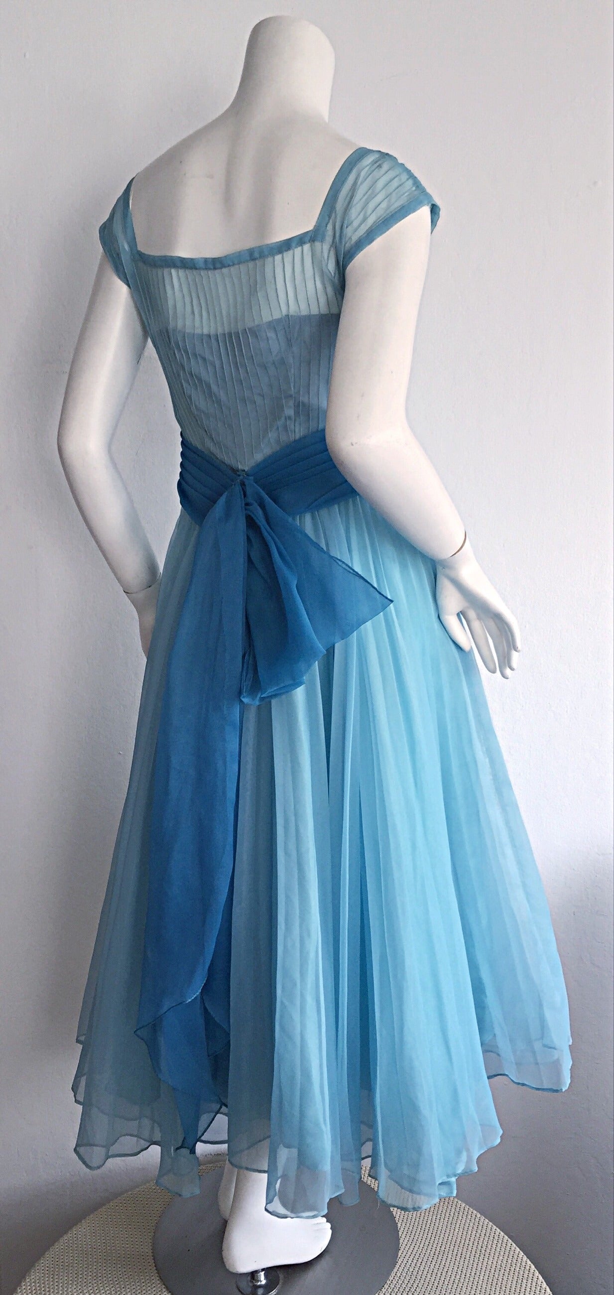 1950s Fred Perlberg Beautiful Blue Dress + Incredible Full Skirt w/ Origami Back 1