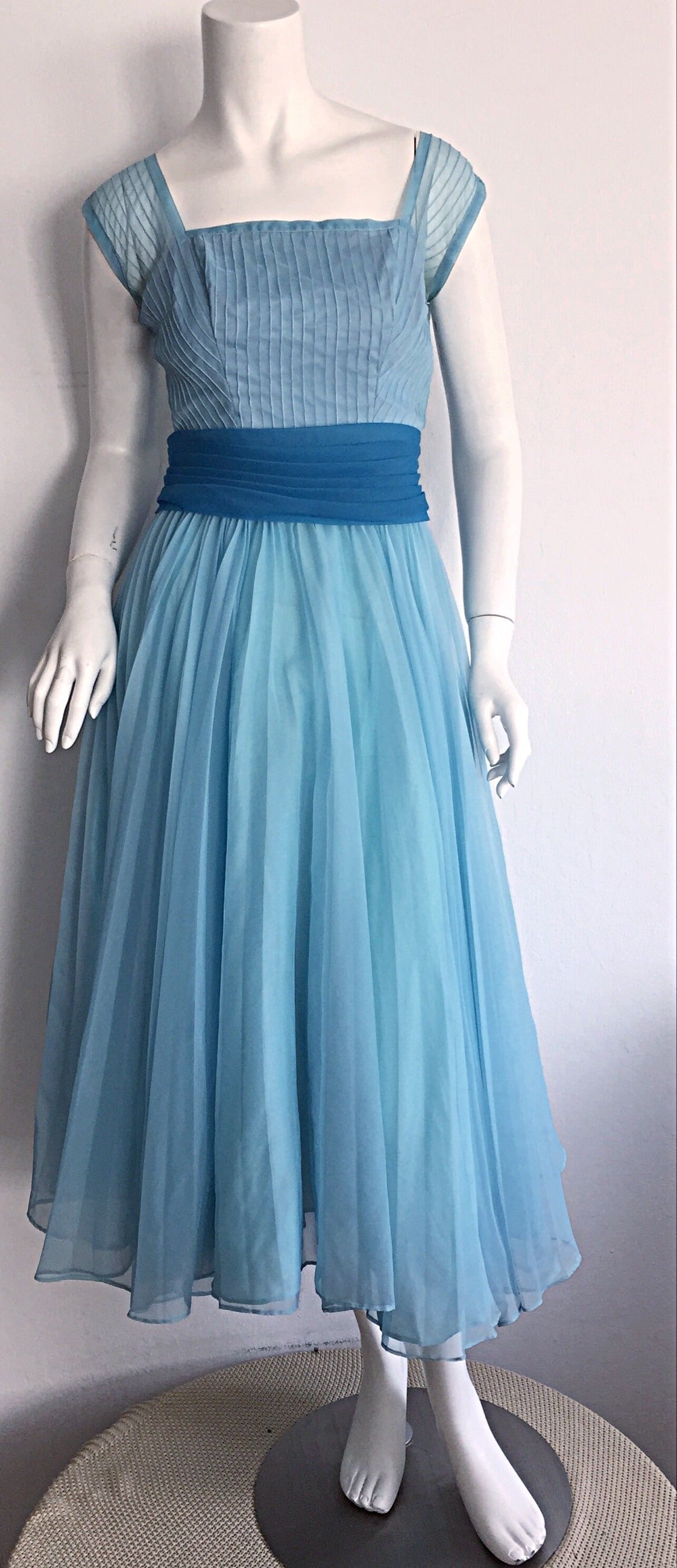 1950s Fred Perlberg Beautiful Blue Dress + Incredible Full Skirt w/ Origami Back 2