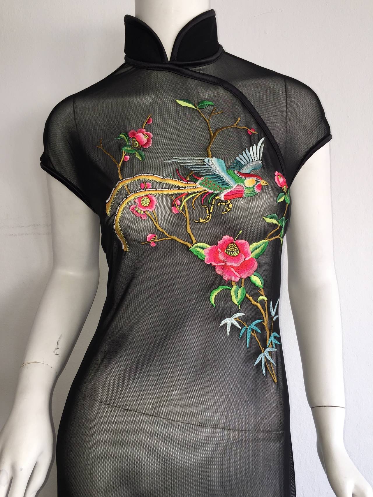 Amazing rare vintage Tadashi Shoji Oriental/Asian Inspired embroidered semi-sheer overdress. Beautiful colors at bodice. High, angled neckline. A very versatile piece that can be worn over a slip, over a tank and leggings, or over a swimsuit. Zips