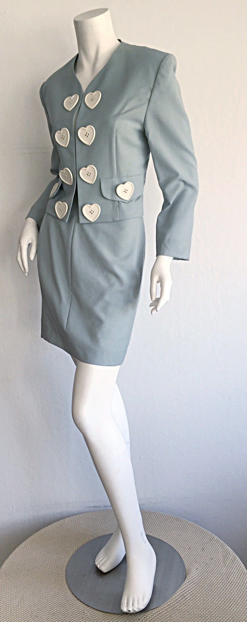 Incredible Vintage Moschino Cheap & Chic Light Blue Iconic ' Hearts ' Skirt Suit In Excellent Condition In San Diego, CA