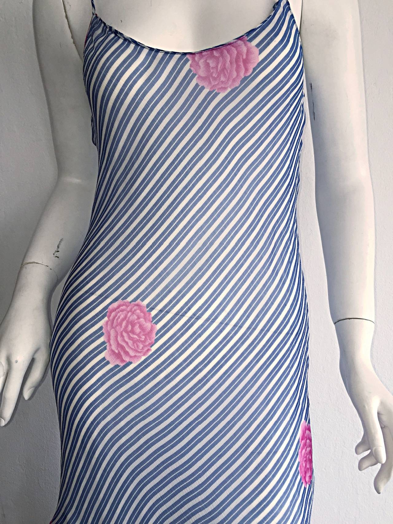 Gray Wonderful Vintage Judy Hornby Couture 1990s Blue White Stripe Silk Dress Flowers