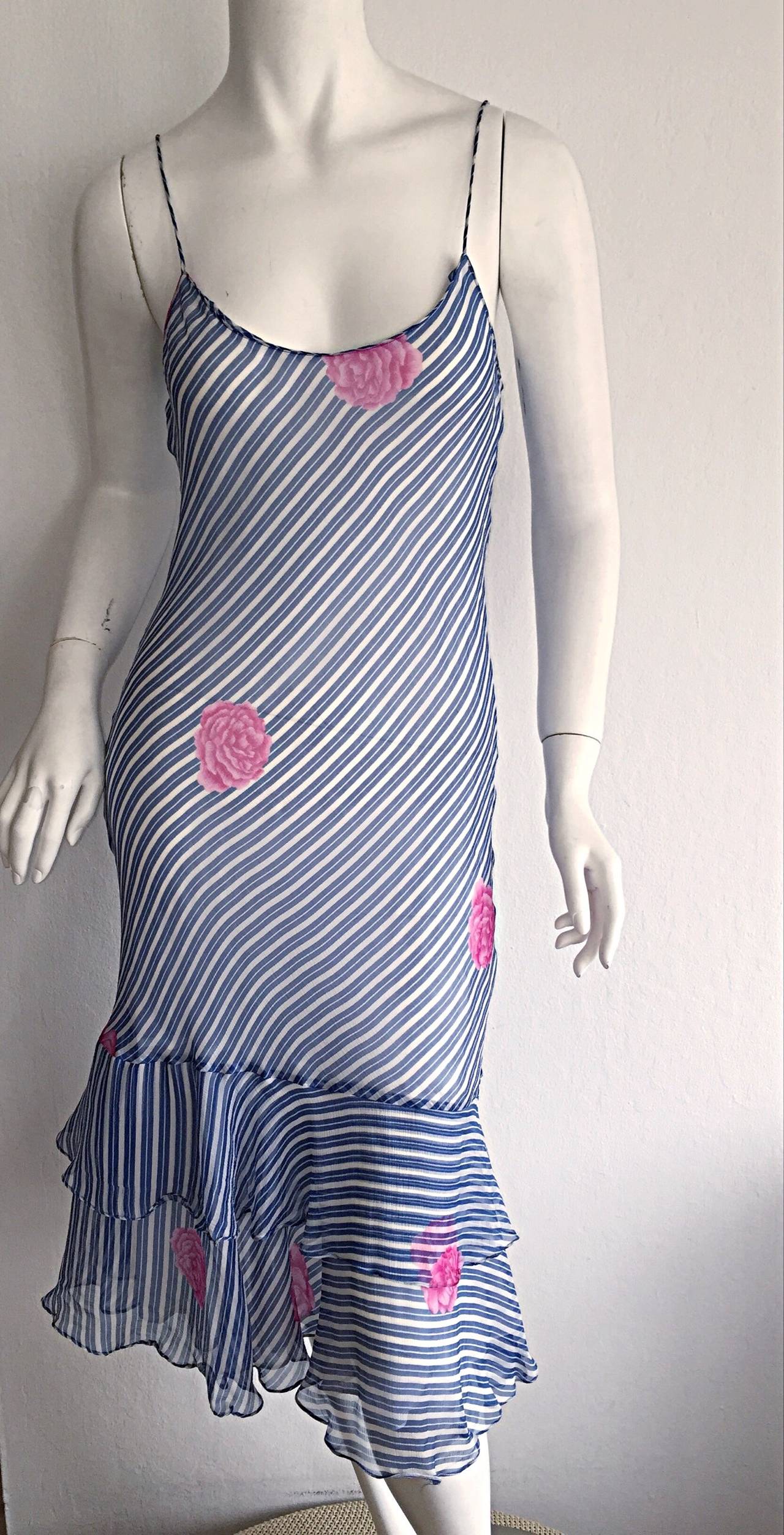 Women's Wonderful Vintage Judy Hornby Couture 1990s Blue White Stripe Silk Dress Flowers