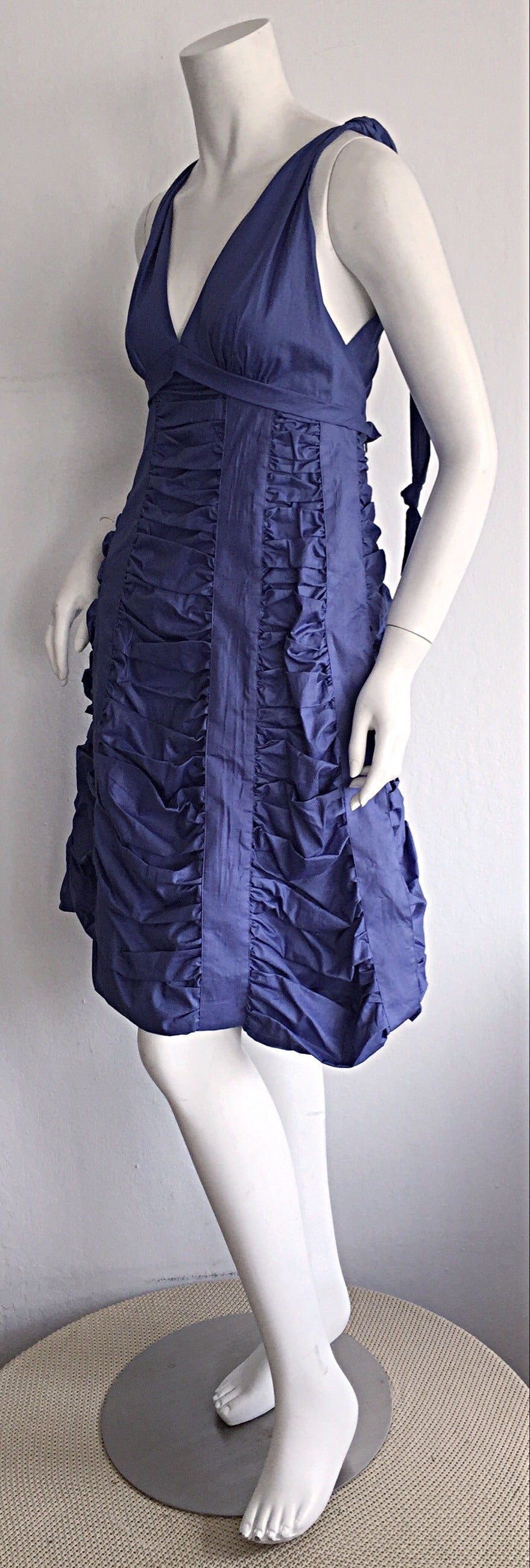 Purple Runway Marc Jacobs Sz 2 / 4 Periwinkle Blue Ruched A-Line Babydoll Cotton Dress For Sale