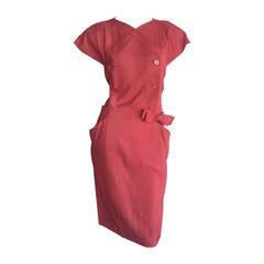 Vintage Nina Ricci Raspberry Pink Double Breasted Dress w/ Pockets + Bow Belt 12