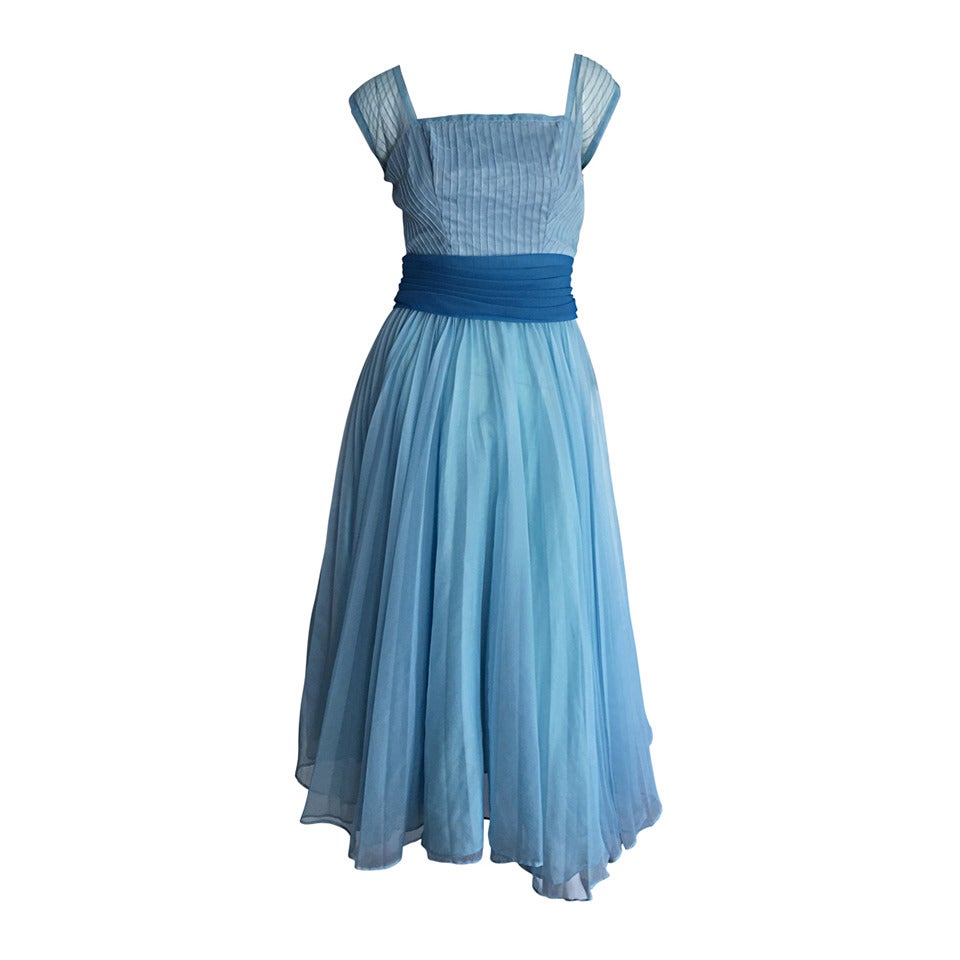 1950s Fred Perlberg Beautiful Blue Dress + Incredible Full Skirt w/ Origami Back