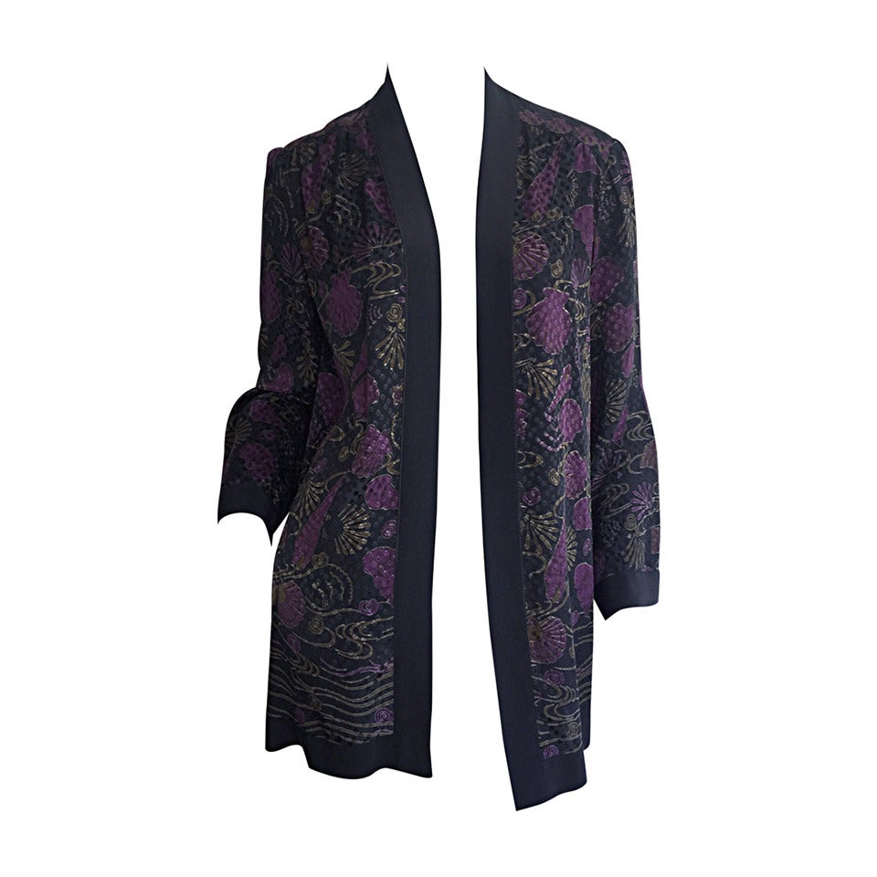 Vintage Janice Wainwright Fan Print Silk Kimono Smoking Jacket Blouse