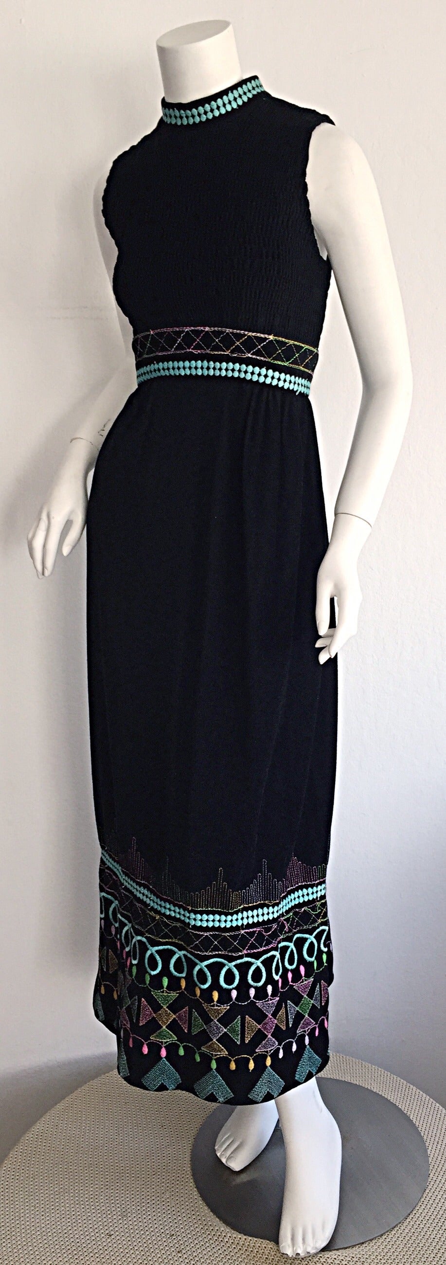 Women's 1970s Sandine Originals I. Magnin Black Embroidered Colorful Cotton Maxi Dress For Sale