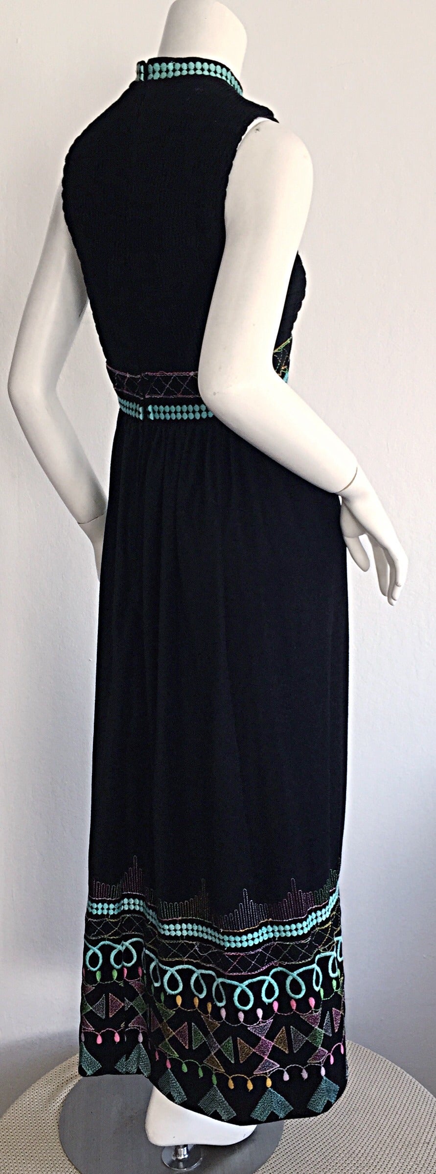 1970s Sandine Originals I. Magnin Black Embroidered Colorful Cotton Maxi Dress For Sale 1