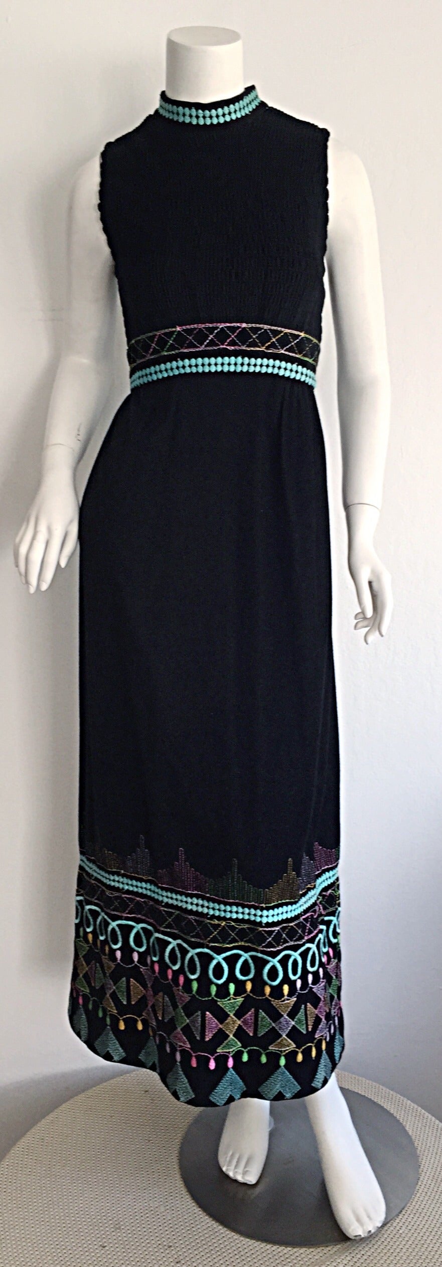 1970s Sandine Originals I. Magnin Black Embroidered Colorful Cotton Maxi Dress For Sale 2