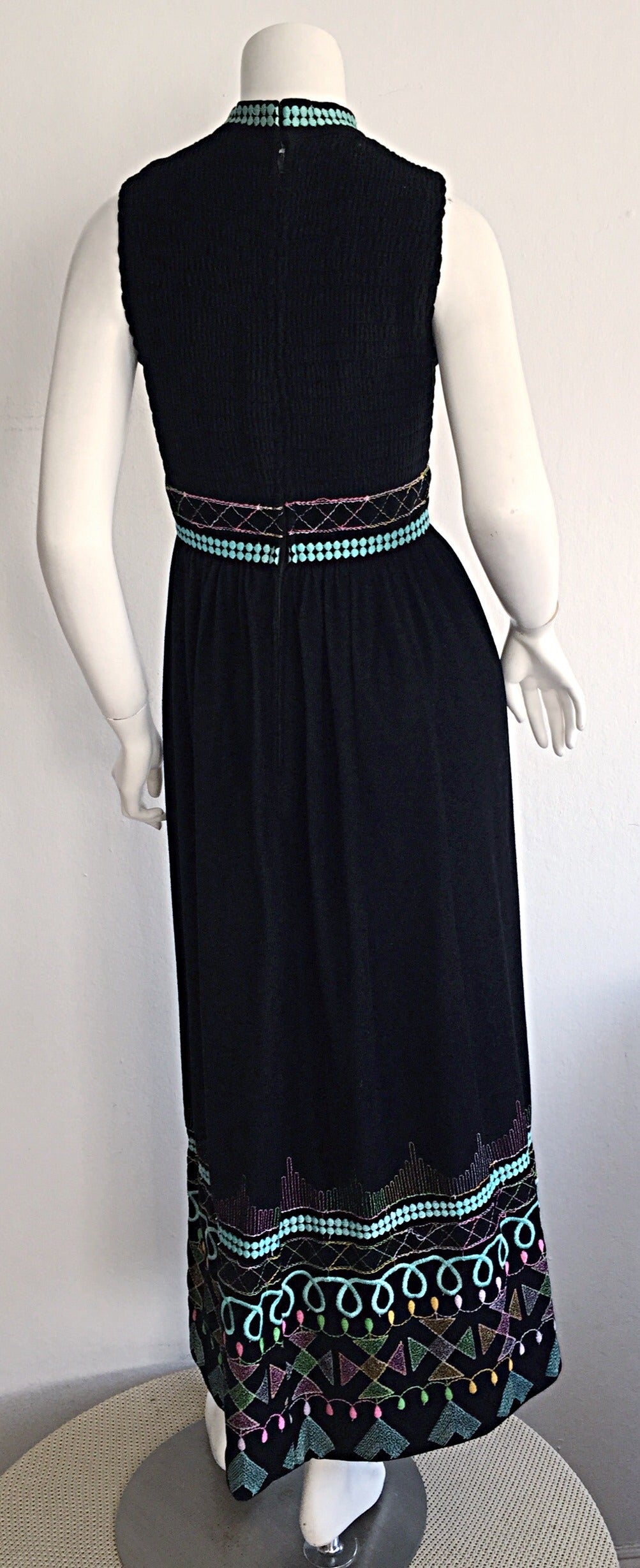 1970s Sandine Originals I. Magnin Black Embroidered Colorful Cotton Maxi Dress For Sale 3