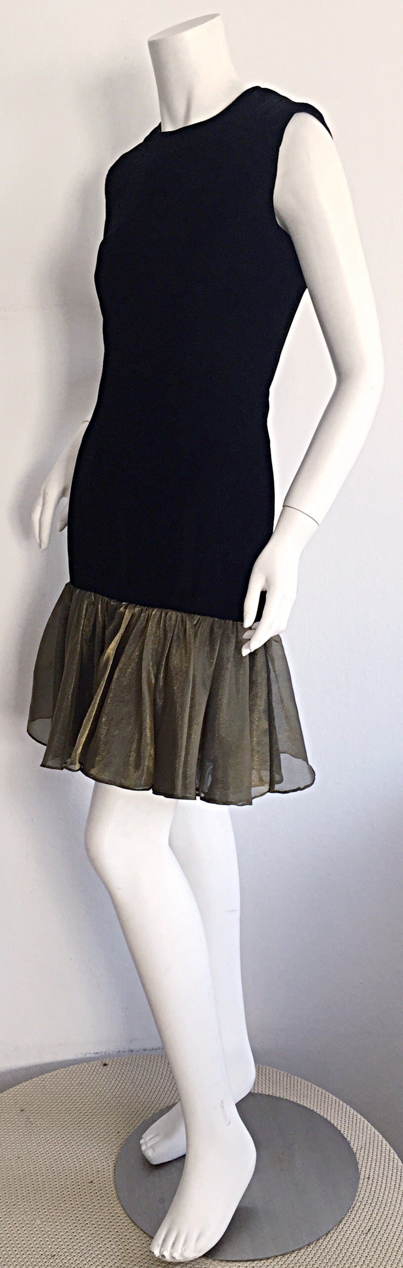 Vintage Cathy Hardwick Black Silk Velvet Dress w/ Gold / Bronze Ruffle Hem In Excellent Condition For Sale In San Diego, CA