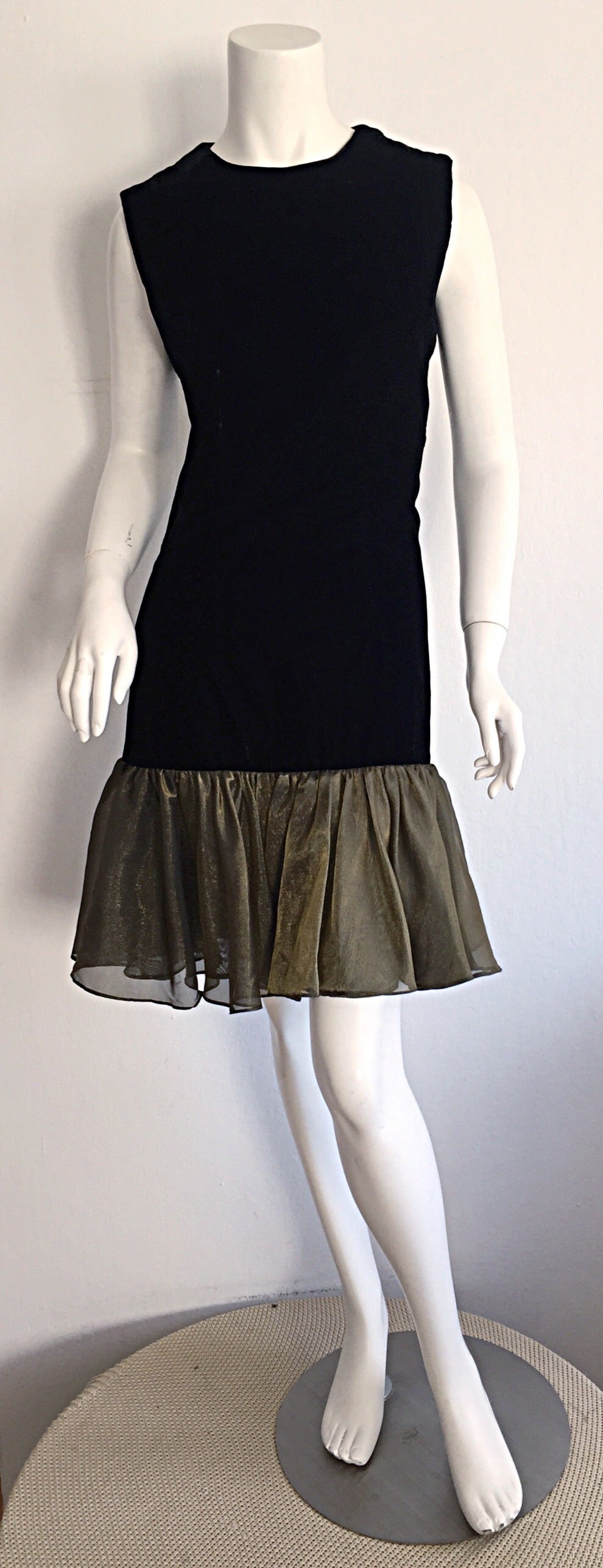 Women's Vintage Cathy Hardwick Black Silk Velvet Dress w/ Gold / Bronze Ruffle Hem For Sale