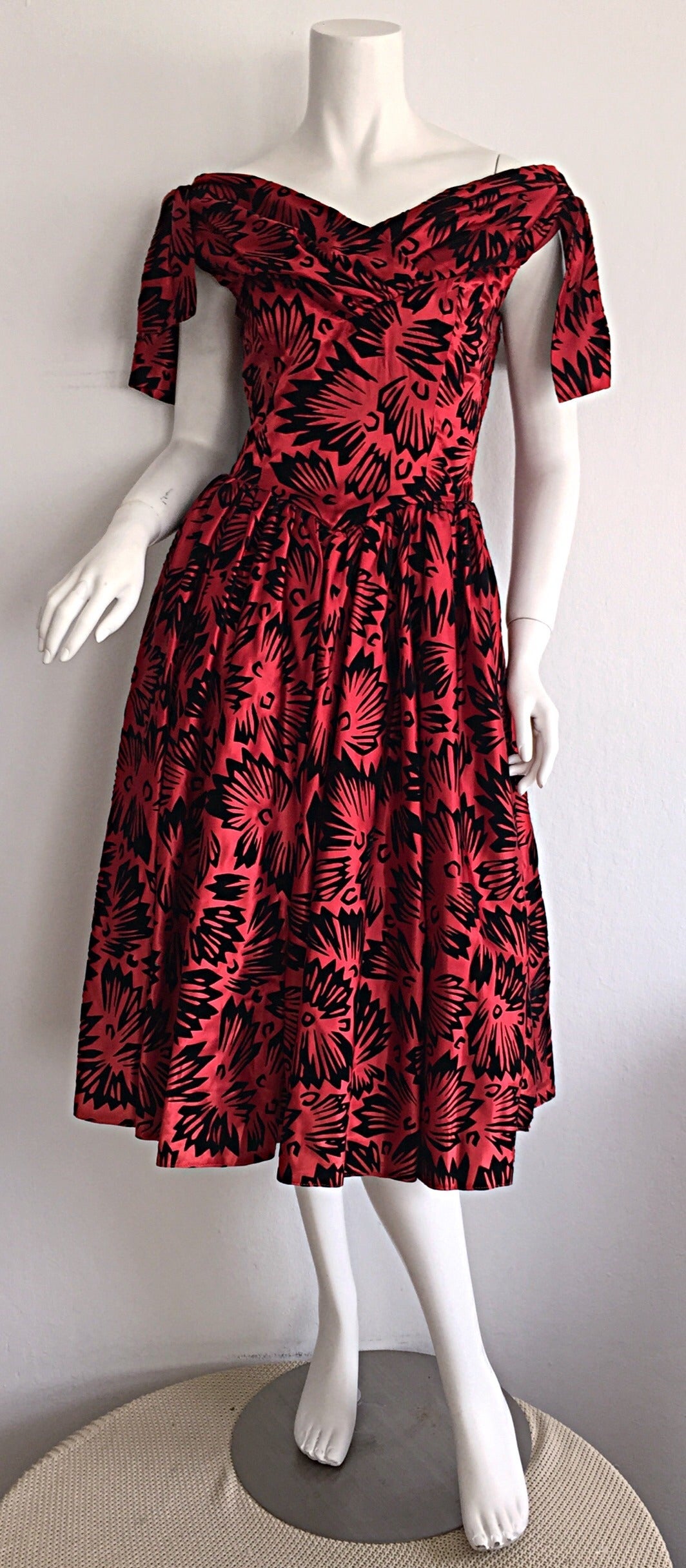Amazing vintage dress! Attributed to Arnold Scaasi, from original owner (no tags/labels attached)...Vibrant red taffeta, and velvet 'grass' print 1980s does 1950s Rockabilly dress! Impeccable construction---amazing workmanship. Wonderful full skirt,