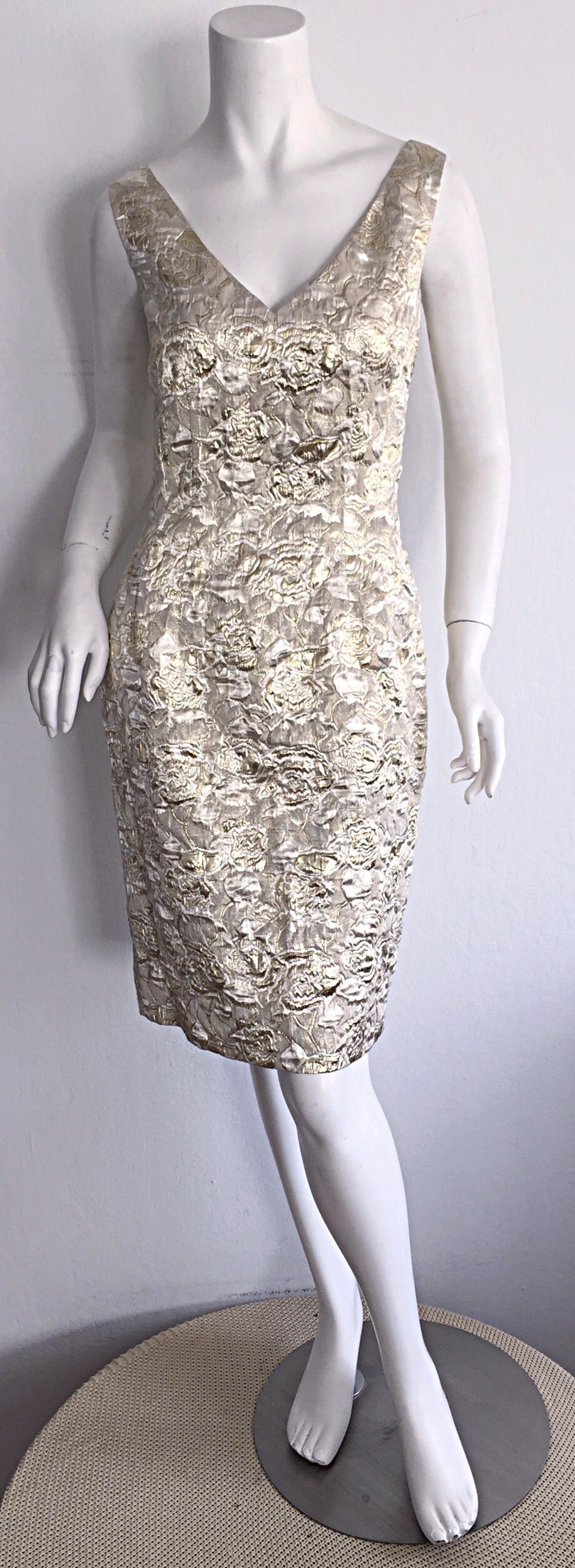 Beautiful Vintage Farinae I. Magnin Gold + Silver Brocade Cocktail Wiggle Dress 1