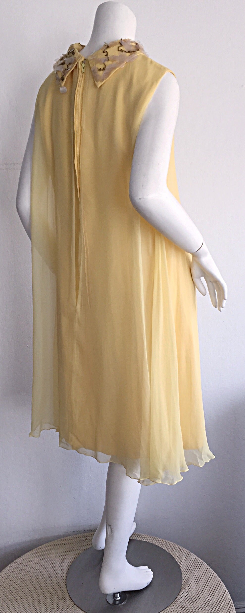 Beautiful 1960s Lisa Howard Canary Yellow Chiffon Babydoll Dress w/ Palliates In Excellent Condition In San Diego, CA
