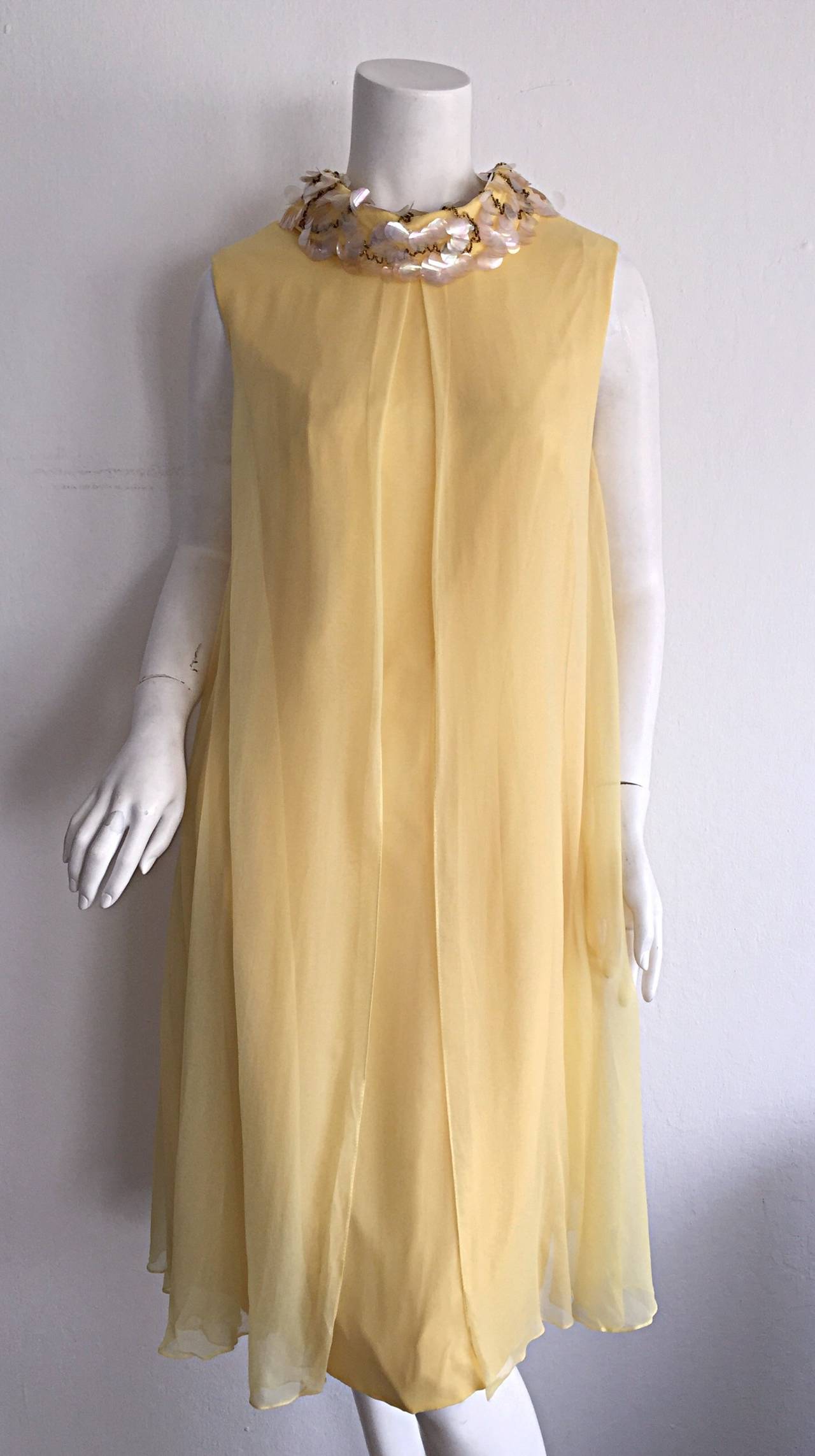 Women's Beautiful 1960s Lisa Howard Canary Yellow Chiffon Babydoll Dress w/ Palliates