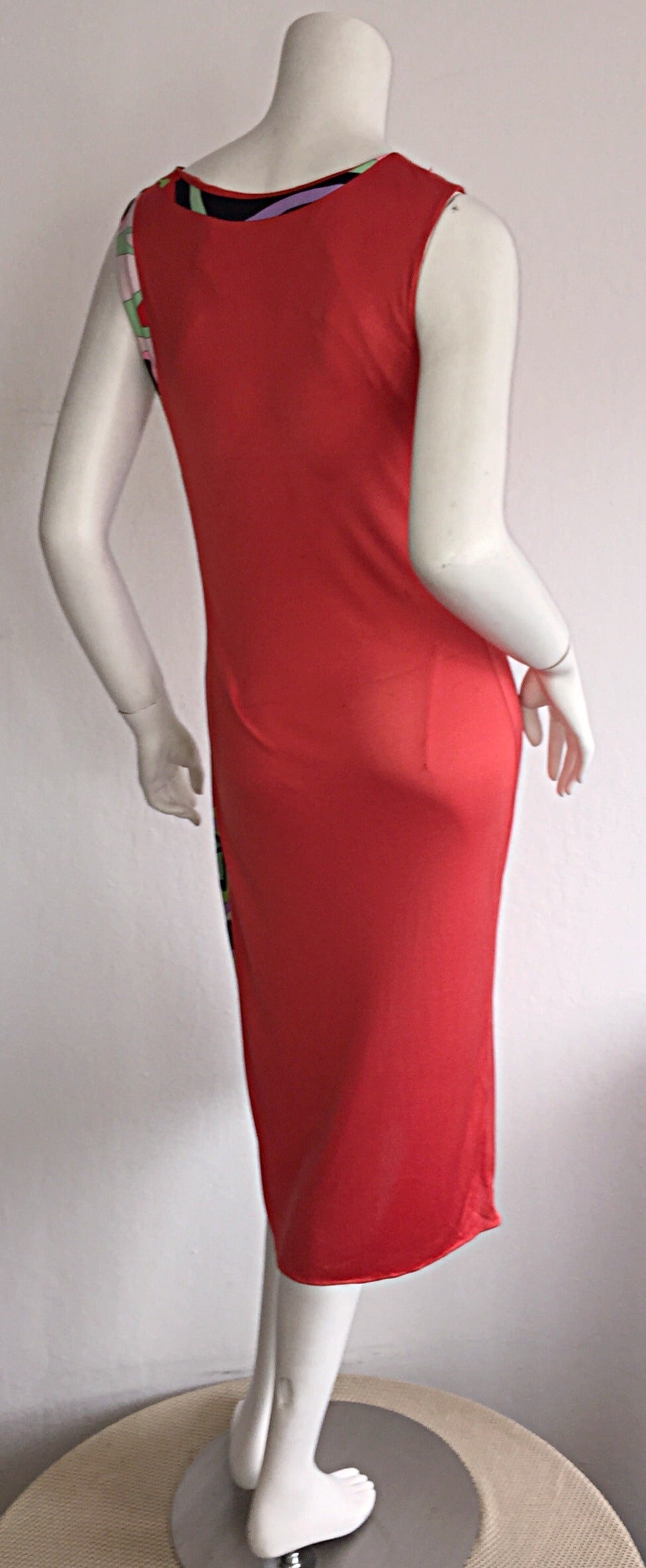 Red Sexy 1990s Vintage Emilio Pucci Bright Orange Silk Jersey Side Print Dress For Sale