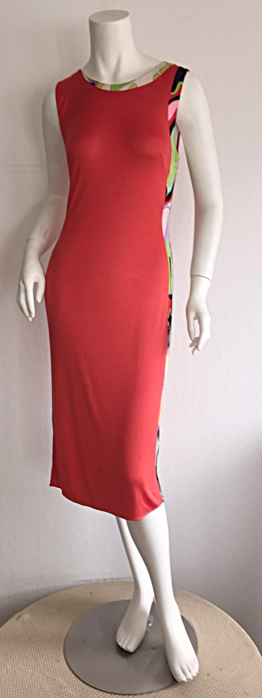 Women's Sexy 1990s Vintage Emilio Pucci Bright Orange Silk Jersey Side Print Dress For Sale