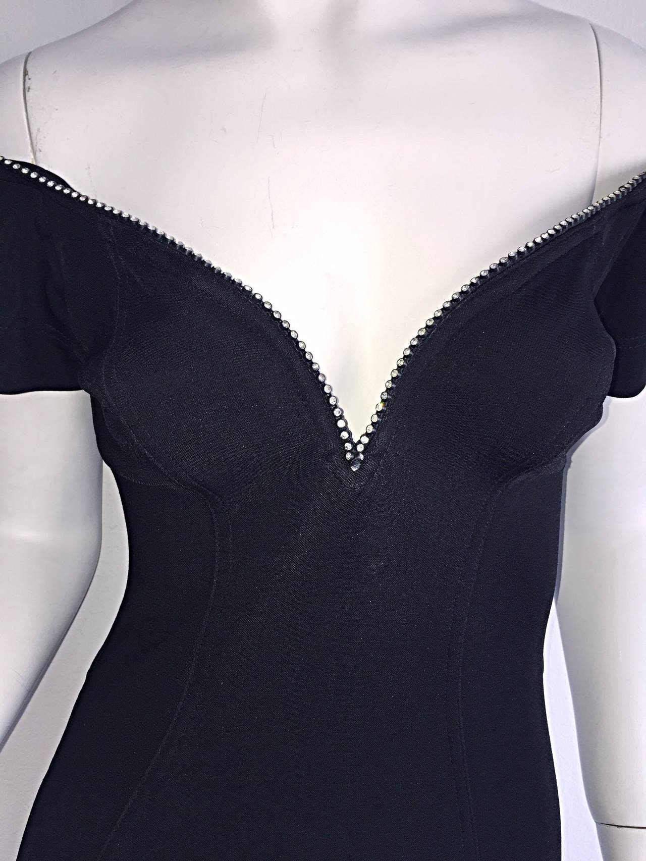 1990s Tadashi Shoji Sexiest Black Vintage Jersey Gown w/ Rhinestones In Excellent Condition In San Diego, CA