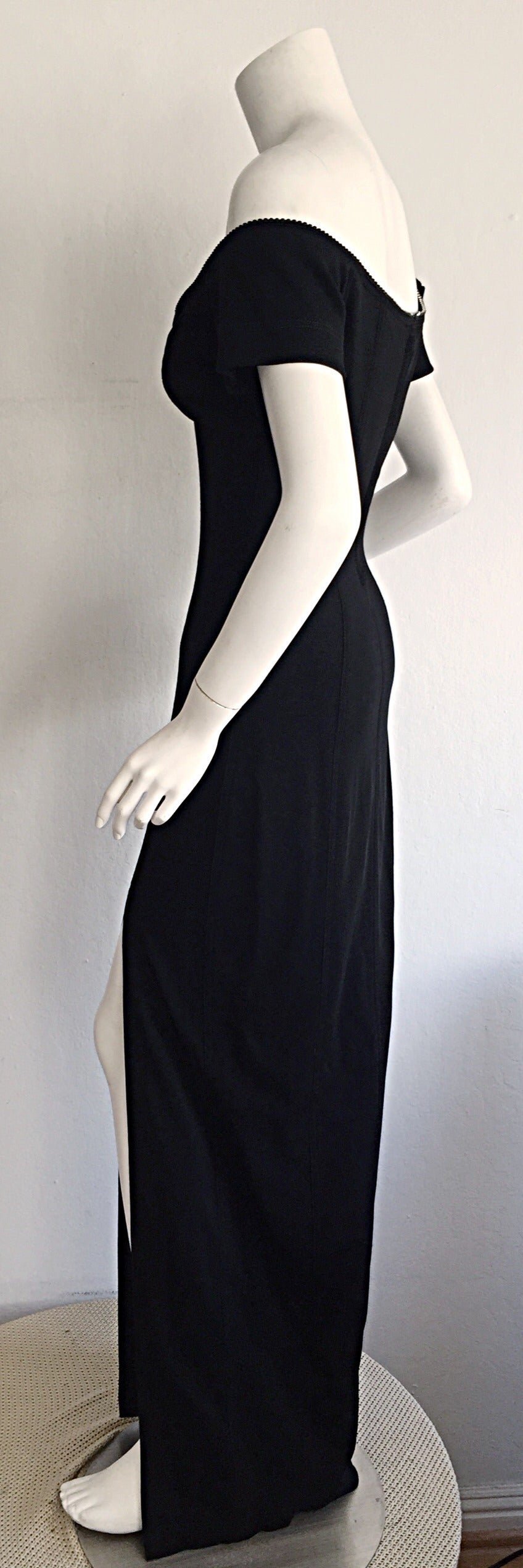 1990s Tadashi Shoji Sexiest Black Vintage Jersey Gown w/ Rhinestones 1