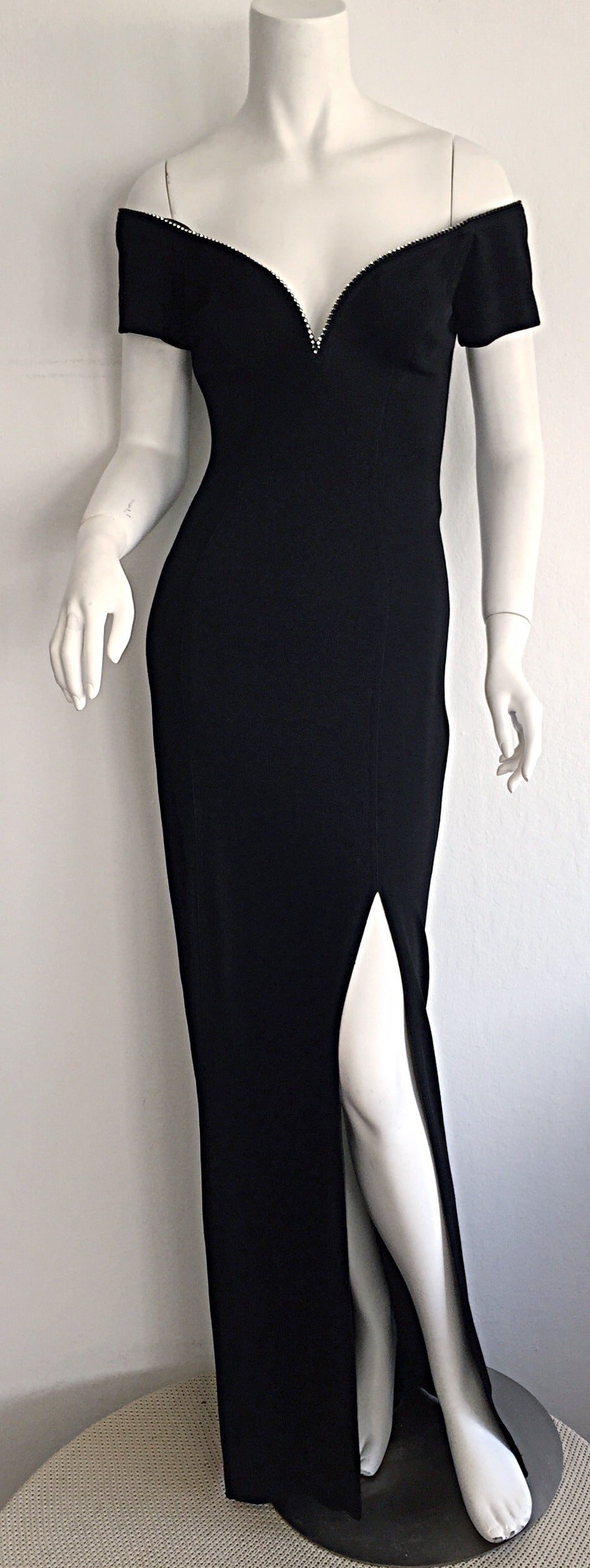 1990s Tadashi Shoji Sexiest Black Vintage Jersey Gown w/ Rhinestones 3