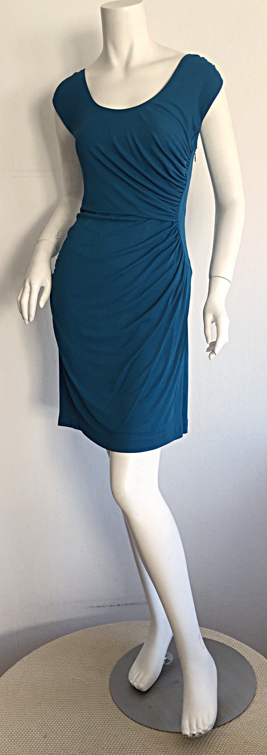 Women's 1990s Alberta Ferretti Size 6 / 8 Vintage Blue Jersey Draped Grecian Dress For Sale