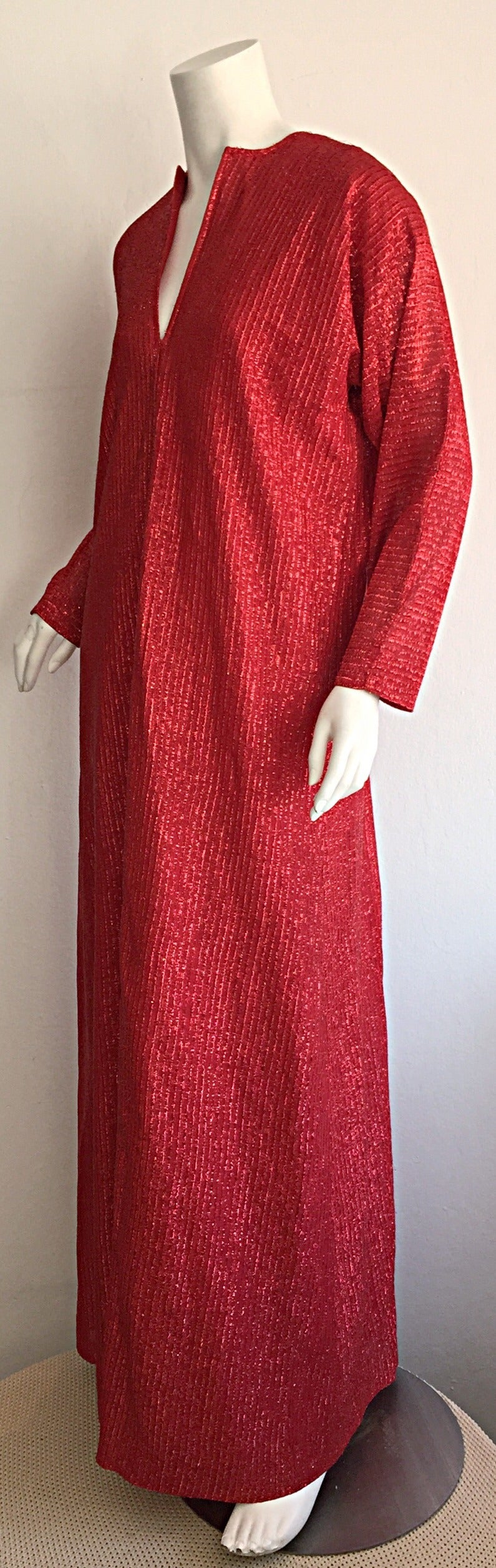 Stunning vintage Halston red metallic caftan/dress!!! Signature Halston style. Looks great alone, or belted. Pictured vintage YSL Russian belt is also available in my 1stDibs Shop! Looks great from day to night. Perfect over a swimsuit, or great