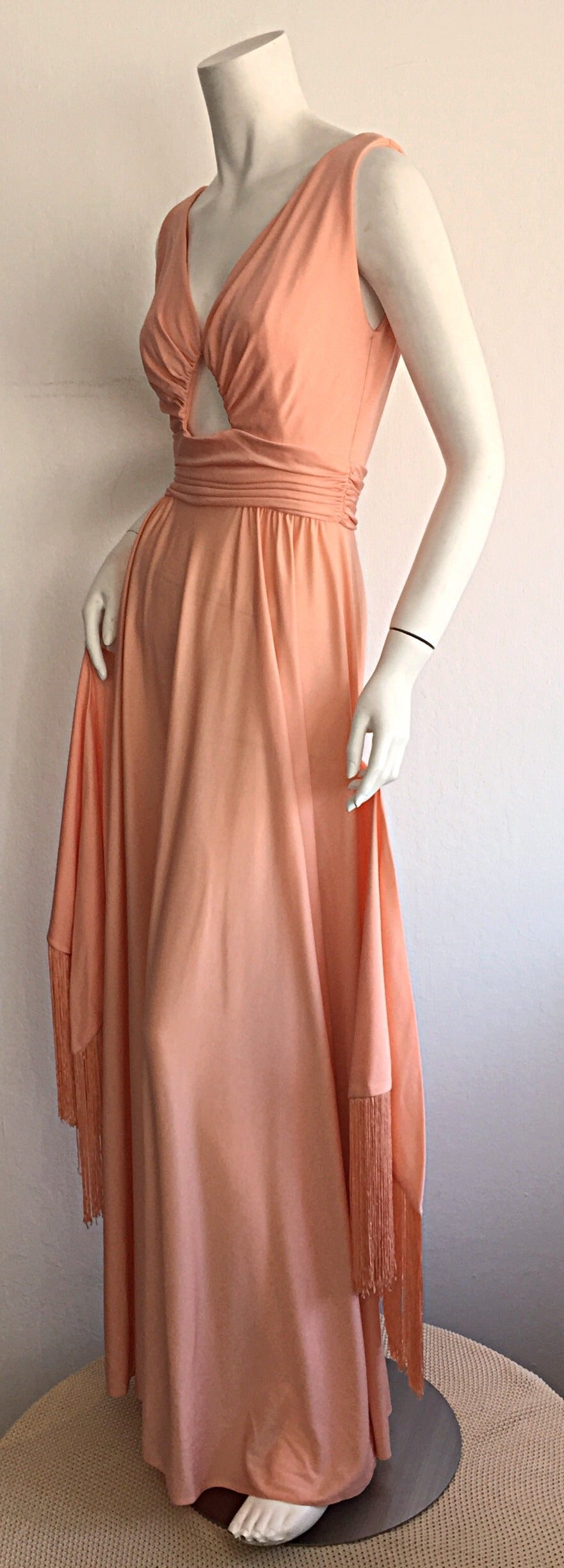 Pink 1970s Perullo for Fred Perlberg Coral Jersey Key - Hole Disco Maxi Dress + Shawl