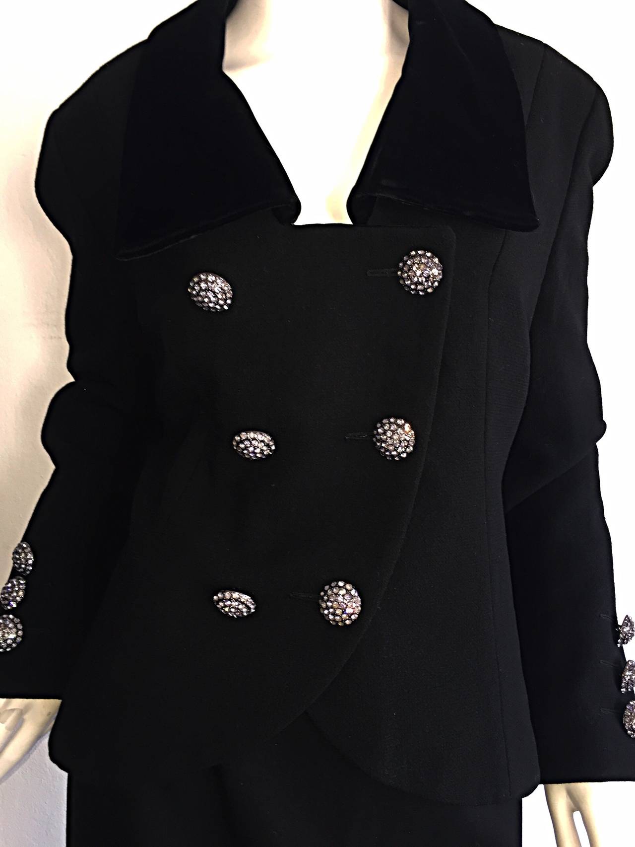 Vintage Andrea Odicini Couture Black Skirt Suit + Rhinestone Buttons Size Large In Excellent Condition For Sale In San Diego, CA