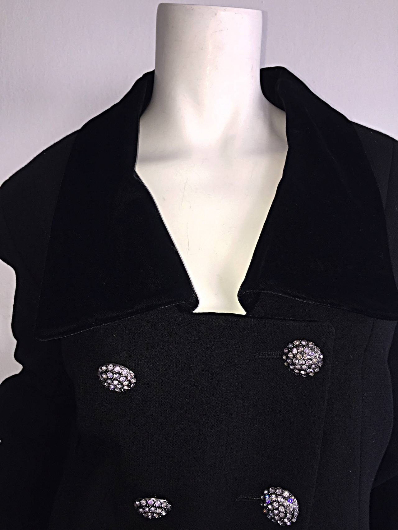 Vintage Andrea Odicini Couture Black Skirt Suit + Rhinestone Buttons Size Large For Sale 1