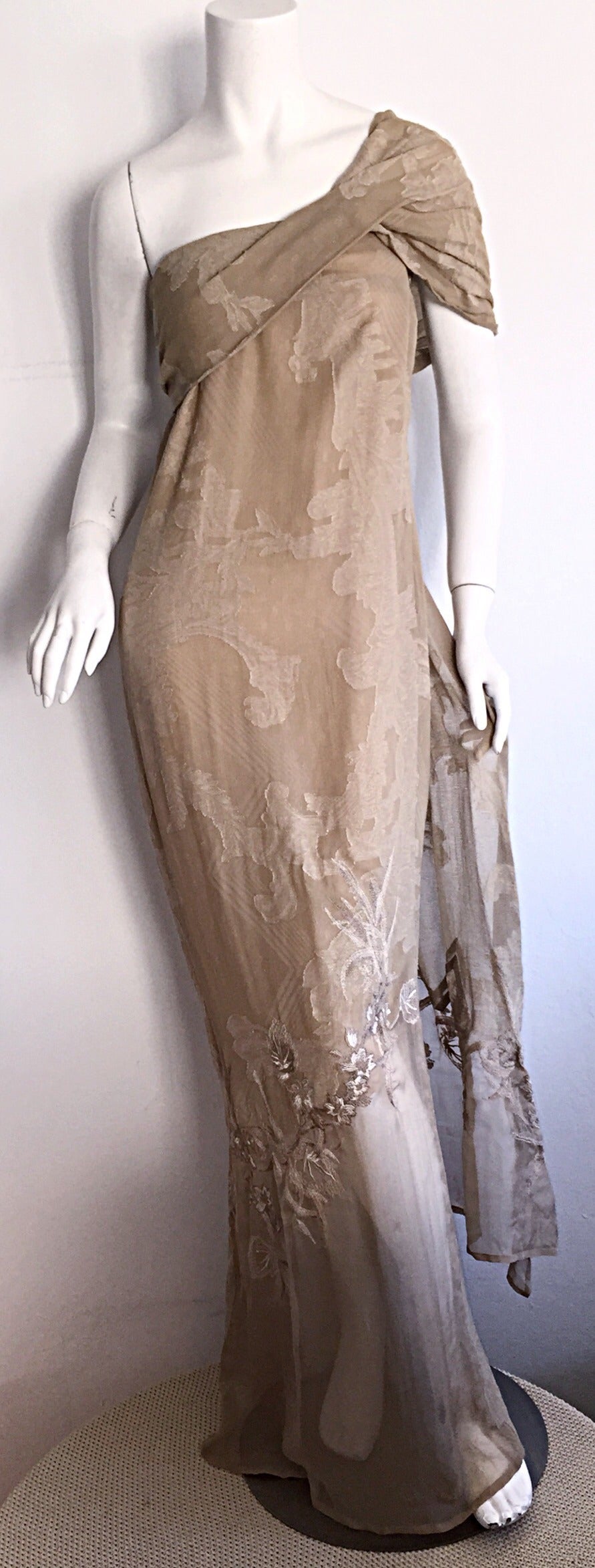 Exquisite vintage Gianfranco Ferre Grecian Goddess gown!!! Tan/khaki color , with intricate silk and lace details throughout. Dress can be worn a number of ways. Spaghetti straps tucked in, one spaghetti strap tucked in, both spaghetti strap