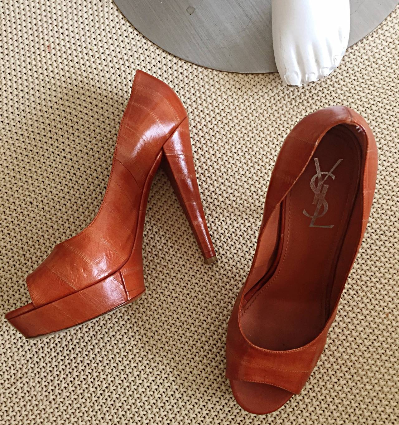 Tom Ford for Yves Saint Laurent Cognac Eel Skin Sz 39.5 9.5 Platform Heels Shoes 1