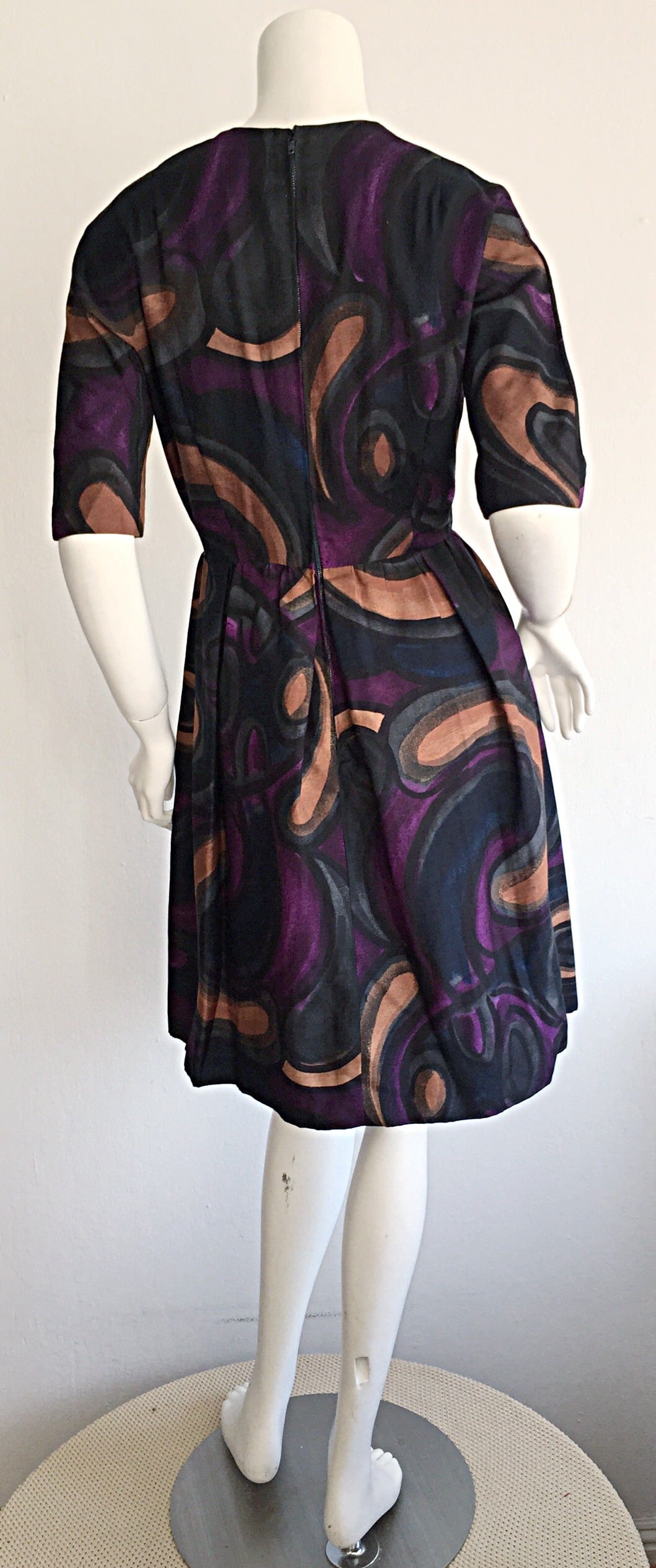 Women's Rare 1950s Diala of Venice, Italy ' Tiki ' Print Op - Art Watercolor 50s Dress